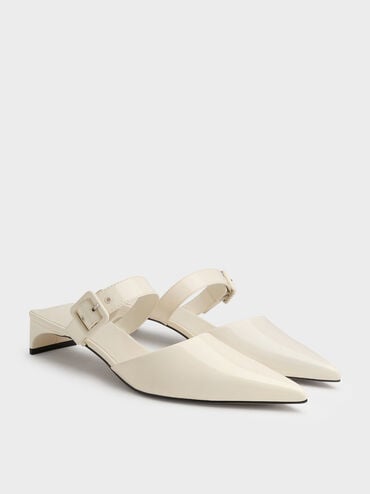 Patent Buckle-Strap Heeled Mules, Butter, hi-res