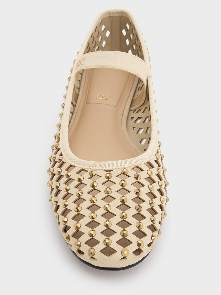 Studded Cut-Out Mary Jane Flats, Cream, hi-res
