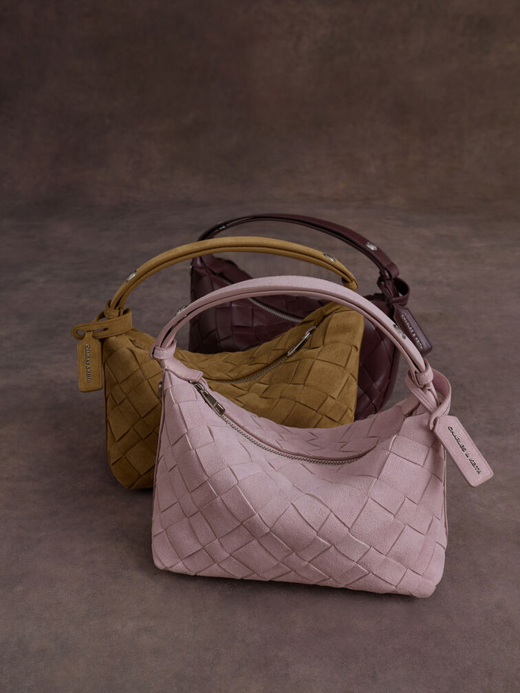 กระเป๋าสะพายไหล่ดีไซน์แบบสานรุ่น Ivette, สีไวน์เบอร์รี่เรด, hi-res