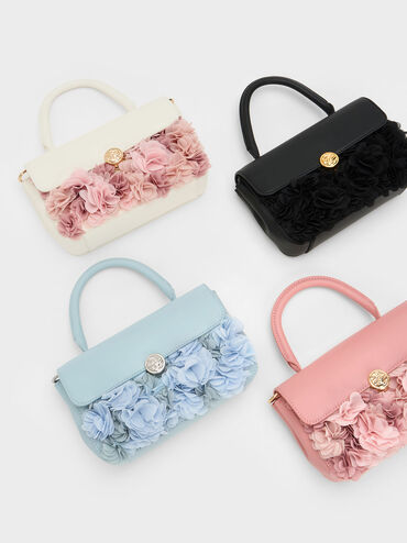 Floral Mesh Top Handle Bag, สีชมพู, hi-res