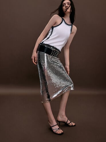 Recycled Polyester Gem-Embellished Strappy Heeled Sandals, Black Textured, hi-res