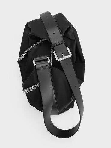Nylon Chain-Link Slouchy Shoulder Bag, Noir, hi-res