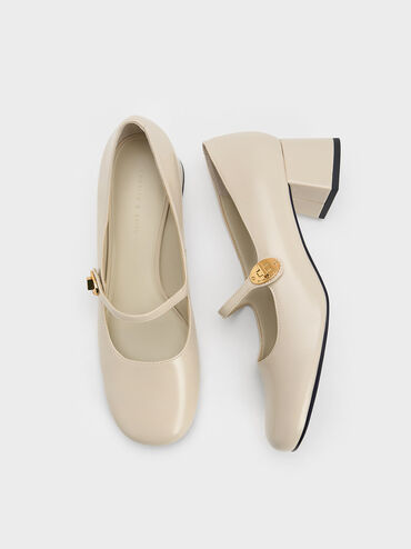 Hettie Patent Metallic-Buckle Block-Heel Mary Janes, Chalk, hi-res