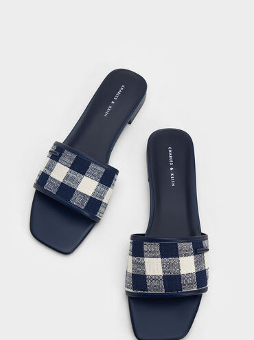 Woven Checkered Flat Sandals, สีดาร์คบลู, hi-res