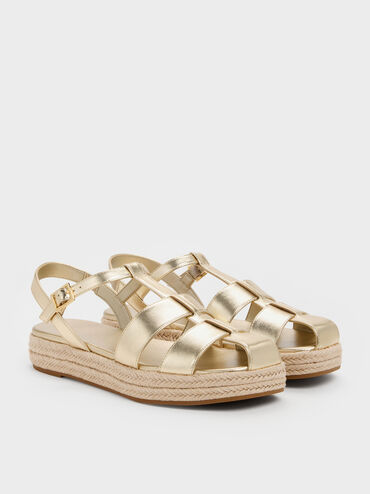 Metallic Caged Flatform Espadrille Sandals, Light Gold, hi-res