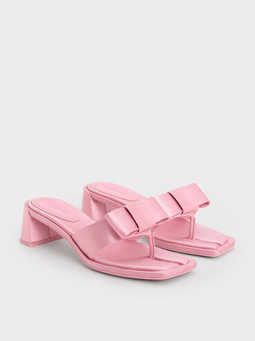 Satin Bow Heeled Thong Sandals, Pink, hi-res
