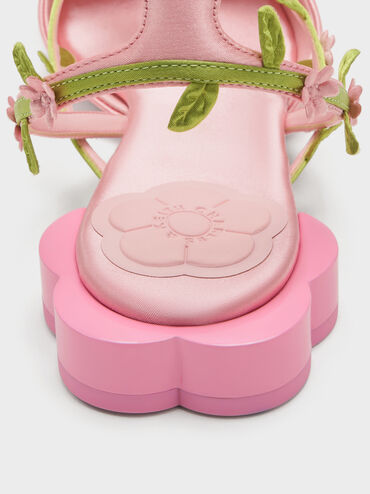 รองเท้าส้นเตี้ยพร้อมสายรัดข้อเท้าดีเทลเถาวัลย์ดอกไม้, สีชมพู, hi-res