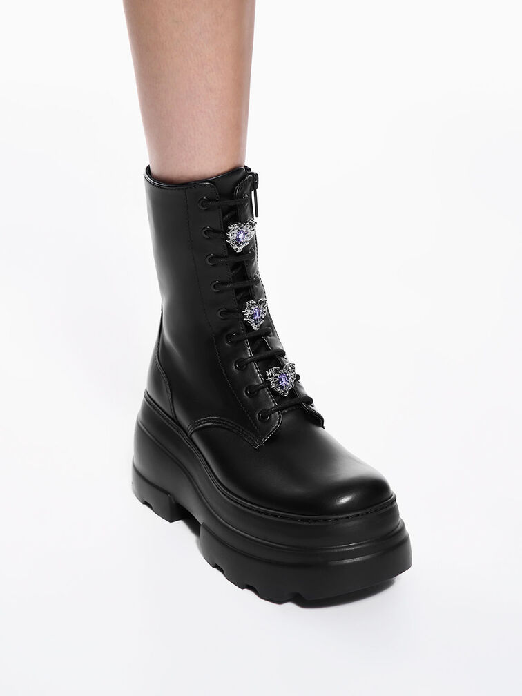 Heart-Embellished Lace-Up Platform Boots, Black, hi-res