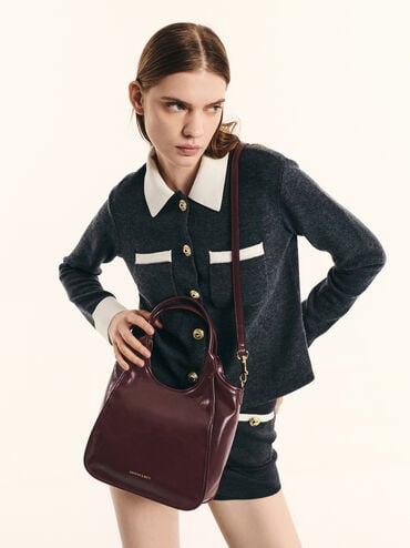 กระเป๋าโท้ทดีไซน์ทรงโค้งขนาดมินิรุ่น Sianna, สีไวน์เบอร์รี่เรด, hi-res