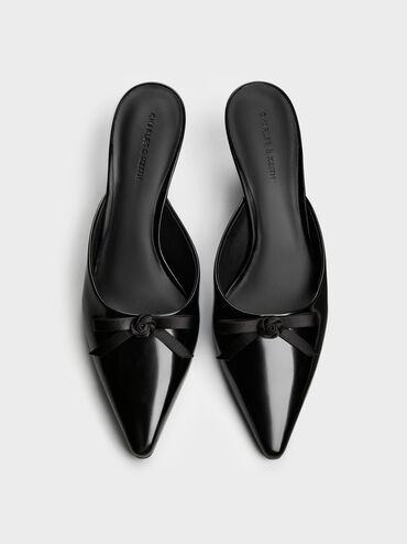 Rose-Bow Pointed Heeled Mules, Black Boxed, hi-res