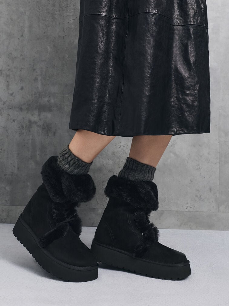 รองเท้าบูทแฟลตฟอร์มวัสดุหนังกลับสังเคราะห์ดีไซน์แบบพับขอบตกแต่งขนเฟอร์เทียม, สีแบล็คเท็กซ์เจอร์, hi-res