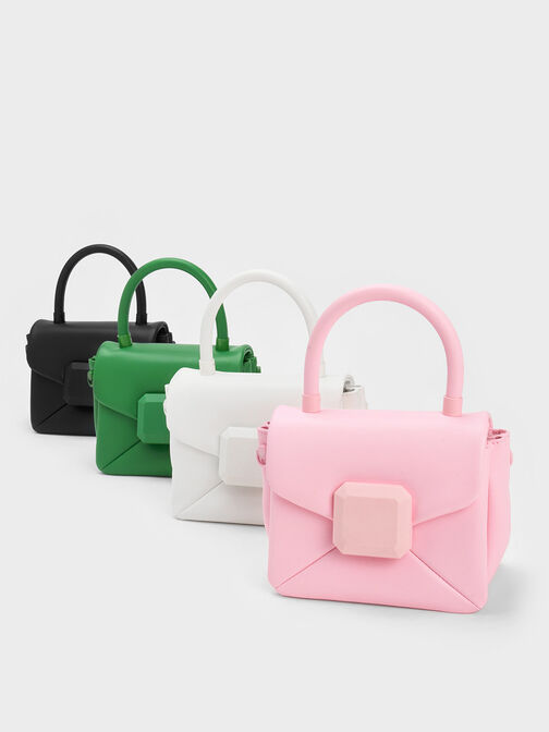 Geometric Push-Lock Top Handle Bag, สีชมพูอ่อน, hi-res
