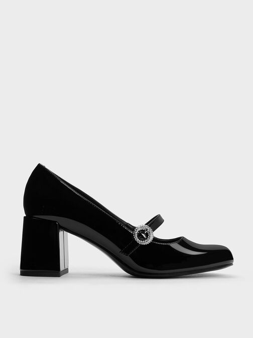 Patent Crystal-Embellished Mary Jane Pumps, Black Patent, hi-res