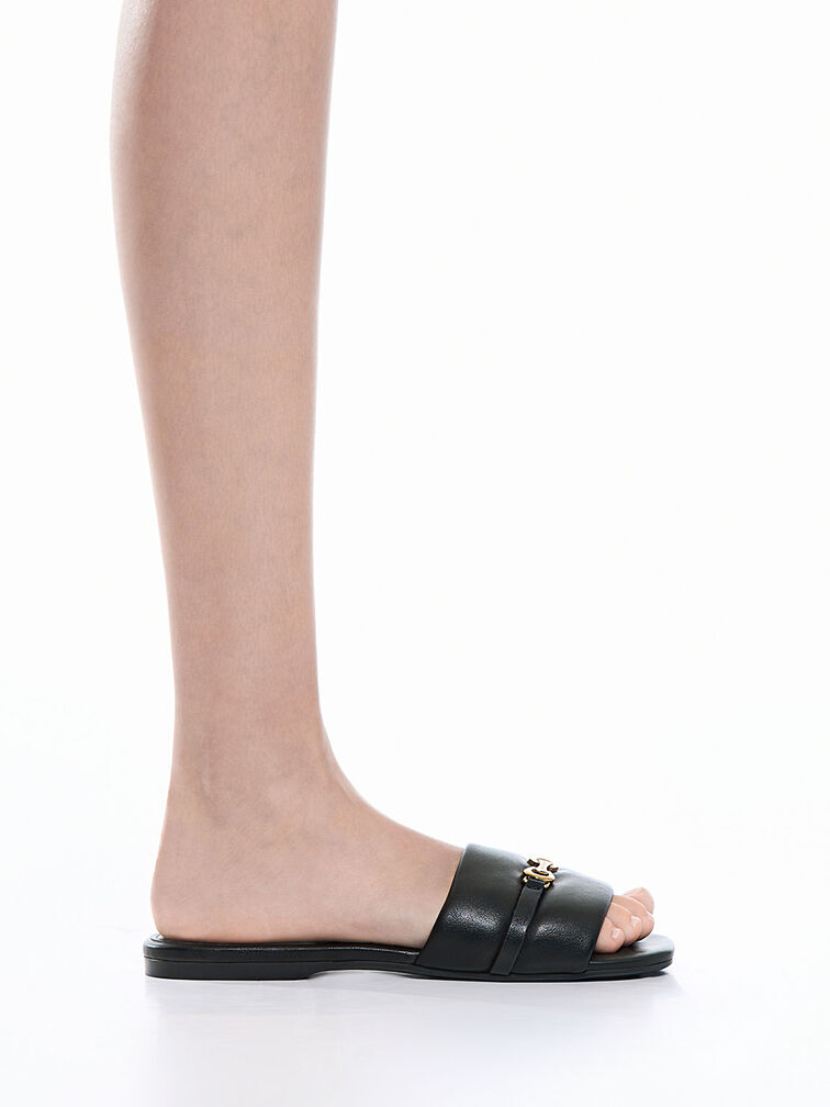 Metallic Accent Round-Toe Slide Sandals, สีดำ, hi-res