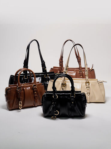 กระเป๋าโท้ทจับจีบย่นรุ่น Britton, สีดำ, hi-res