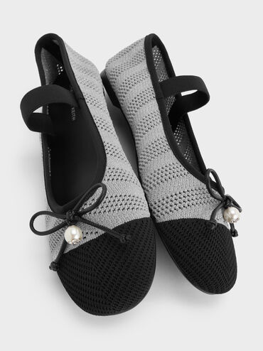 Knitted Pearl-Accent Bow Ballet Flats, Silver, hi-res