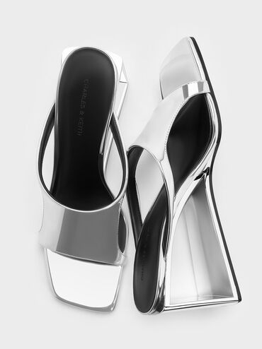 Xeli Metallic Triangle-Heel Mules, Silver, hi-res