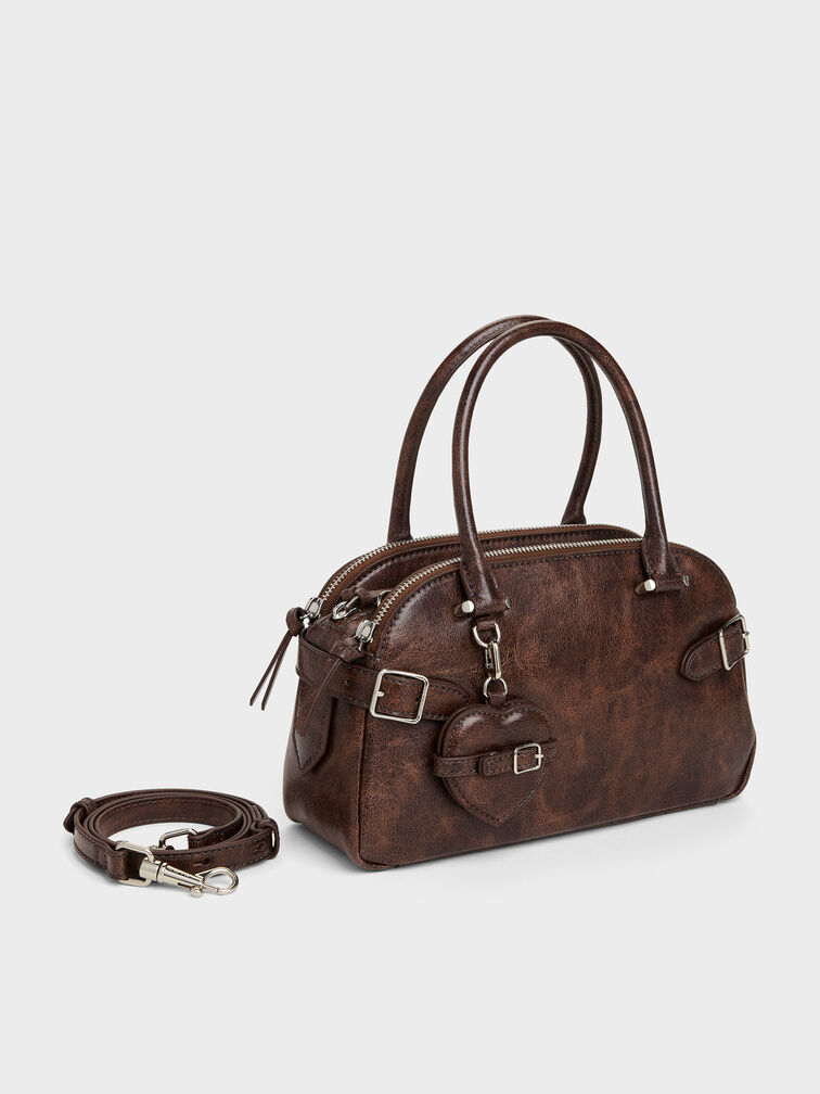 Nellie Heart-Charm Bowling Bag, Distressed Coffee, hi-res