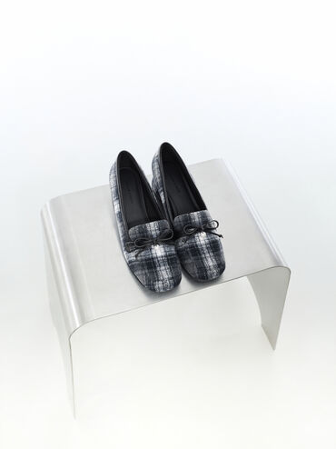 Circle-Charm Bow Loafer Pumps, Dark Grey, hi-res
