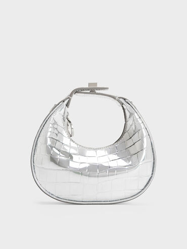 Mini Croc-Effect Metallic Moon Bag, สีเงิน, hi-res
