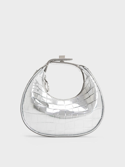 Mini Croc-Effect Metallic Moon Bag, สีเงิน, hi-res