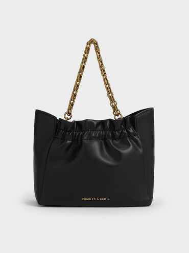 Brigette Ruched Chain-Handle Shoulder Bag, Black, hi-res