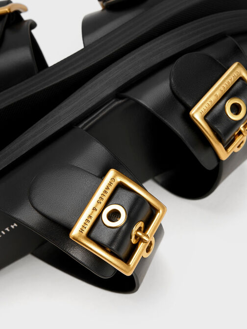Buckled Double Strap Slide Sandals, สีดำ, hi-res