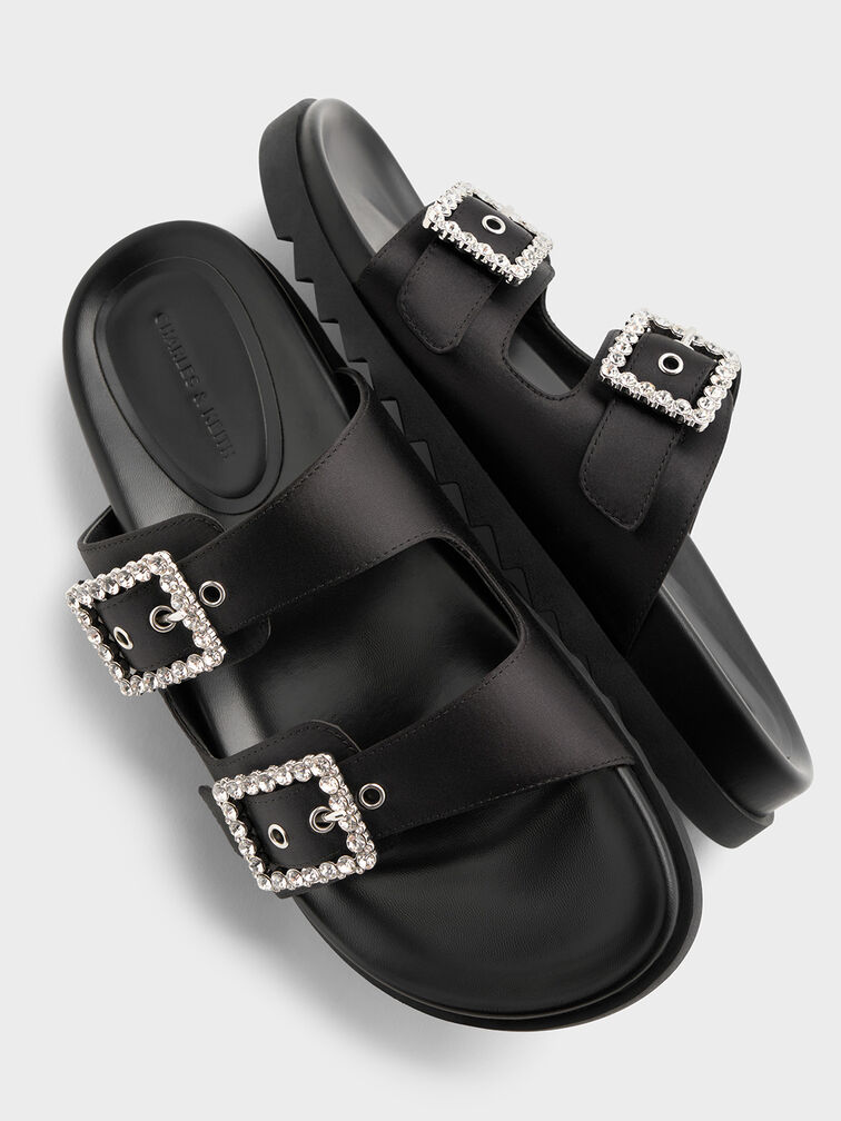 รองเท้าแตะดีไซน์สายคาดแบบคู่พร้อมหัวเข็มขัดประดับเพชร, สีแบล็คเท็กซ์เจอร์, hi-res