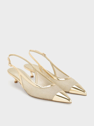 Mesh Metallic Cap-Toe Kitten-Heel Pumps, Gold, hi-res