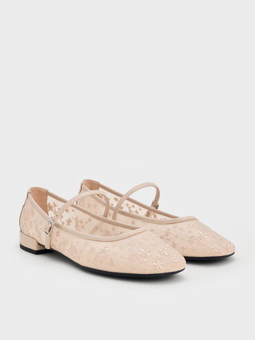 Gertrude Mesh Embroidered Floral Mary Janes, Nude, hi-res