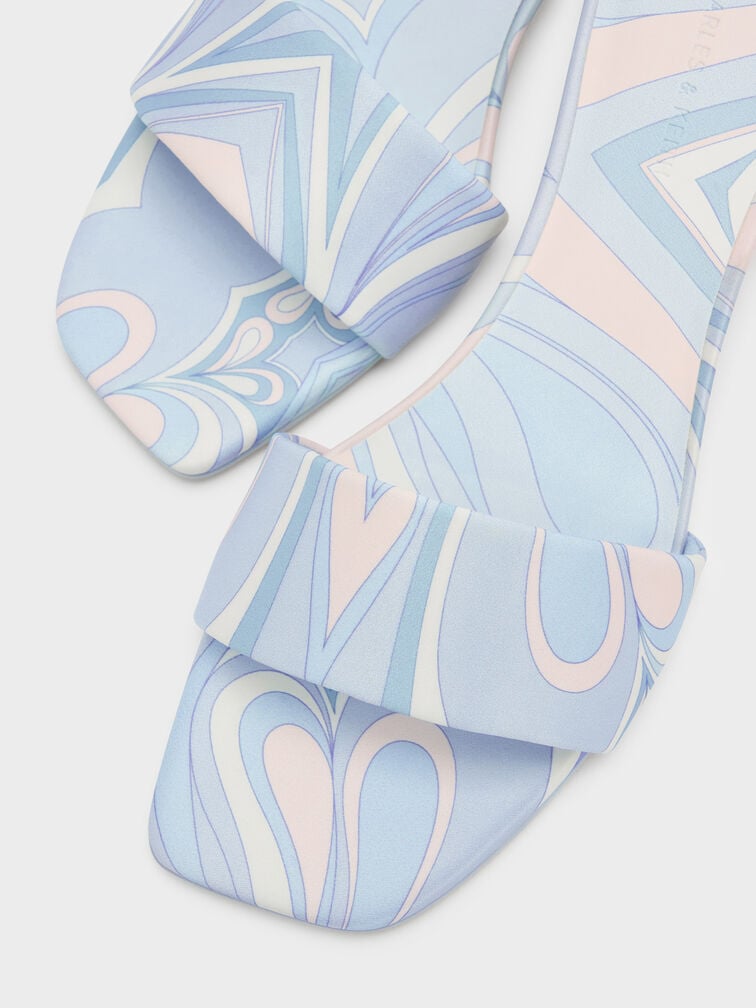 Swirl-Print Kitten-Heel Mules, Light Blue, hi-res