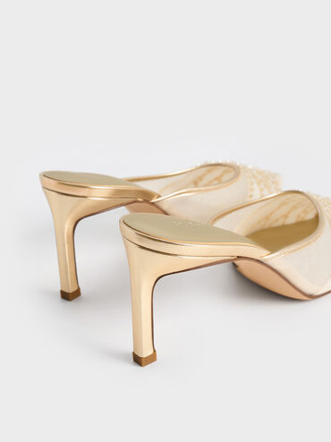 Mesh Metallic Sequinned Heeled Mules, Gold, hi-res