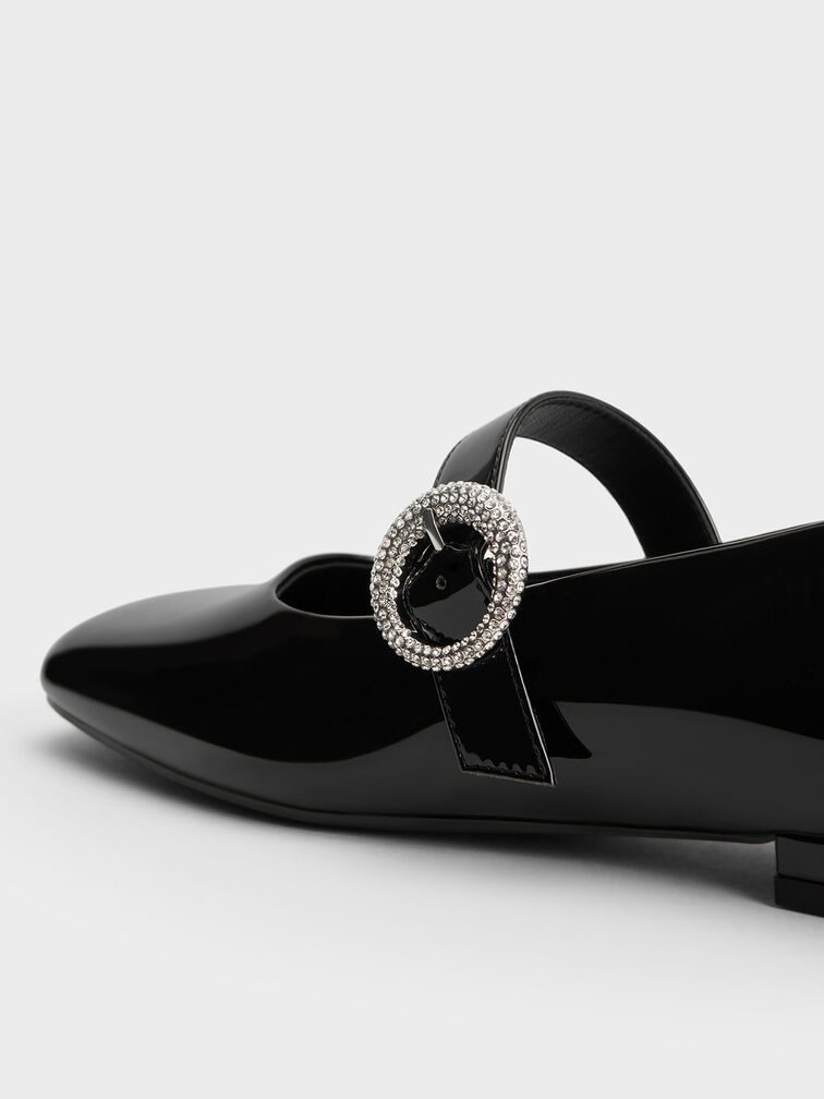 Patent Crystal-Embellished Buckle Mary Jane Flats, หนังแก้วสีดำ, hi-res