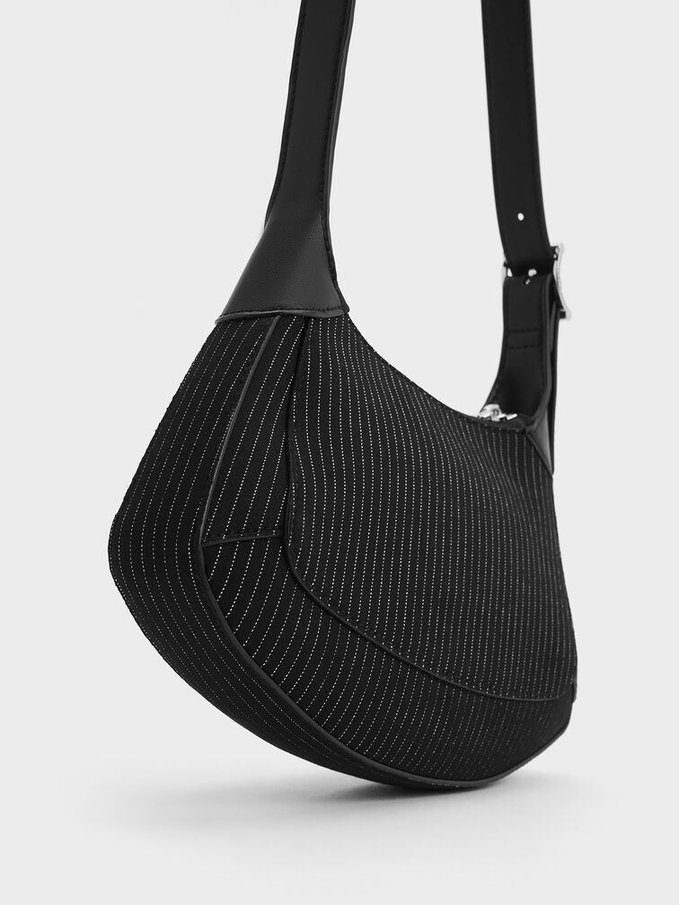 Striped Metallic-Accent Curved Shoulder Bag, สีดาร์คเกรย์, hi-res
