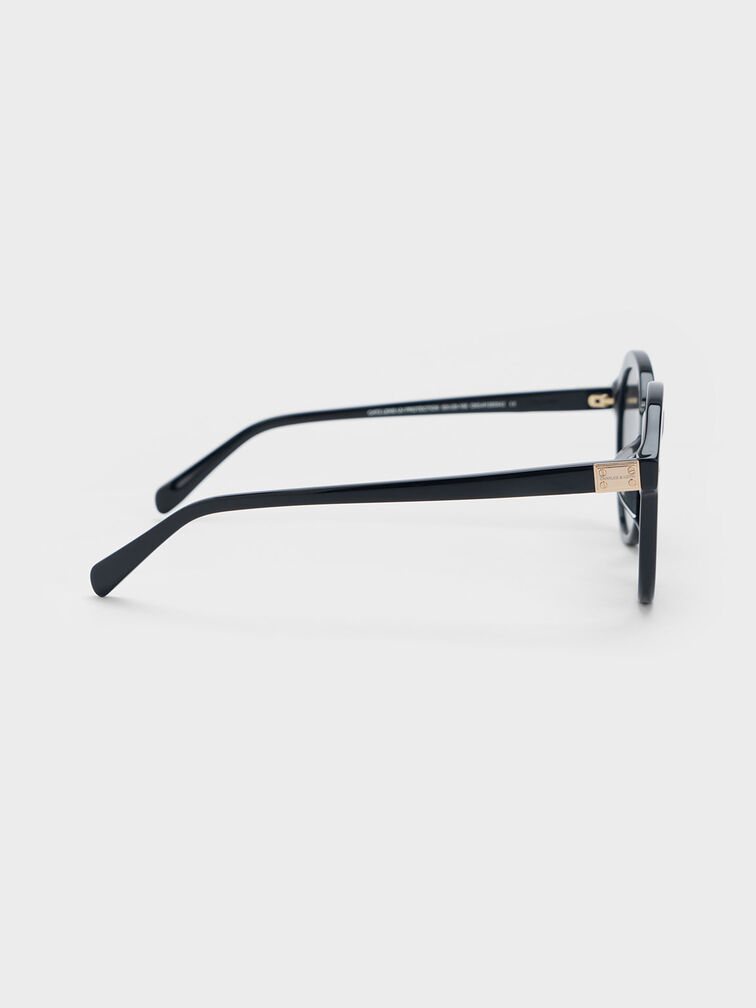 Recycled Acetate Round Cat-Eye Sunglasses, สีดำ, hi-res