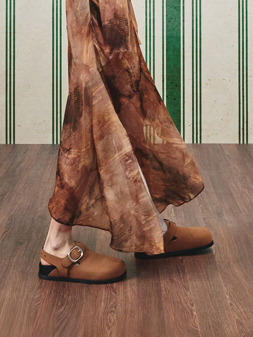 Suede Buckled Slingback Mules, Brown, hi-res