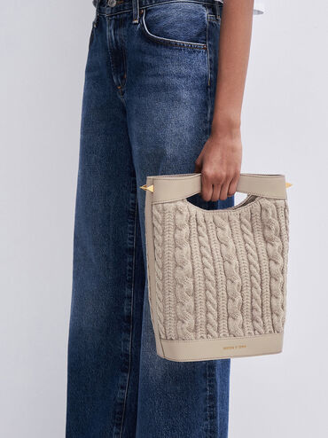 Apolline Textured Knit Bucket Bag, สีโทป, hi-res