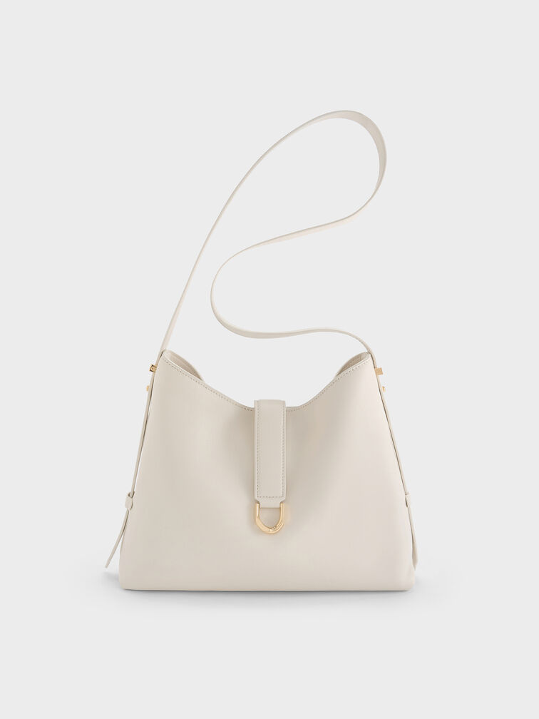 กระเป๋าโฮโบหนังแท้ตกแต่งเข็มขัดรุ่น Gabine, สีเอ้กเชลล์ครีม, hi-res