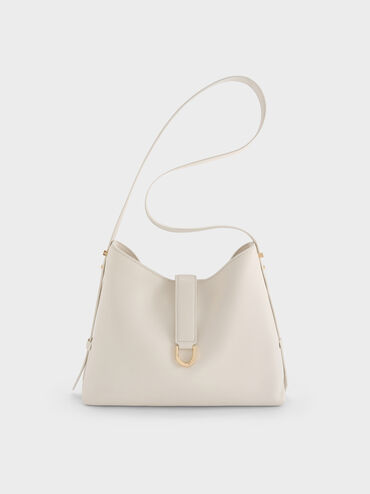 กระเป๋าโฮโบหนังแท้ตกแต่งเข็มขัดรุ่น Gabine, สีเอ้กเชลล์ครีม, hi-res