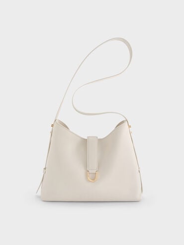 กระเป๋าโฮโบหนังแท้ตกแต่งเข็มขัดรุ่น Gabine, สีเอ้กเชลล์ครีม, hi-res
