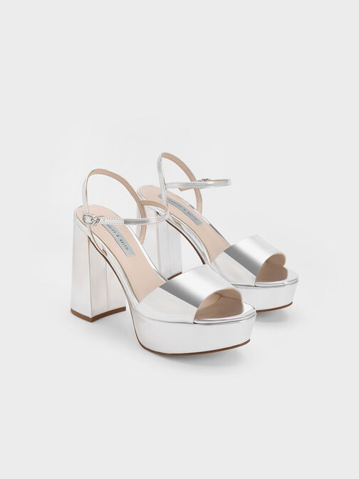 Peep-Toe Metallic Platform Sandals, สีเงิน, hi-res