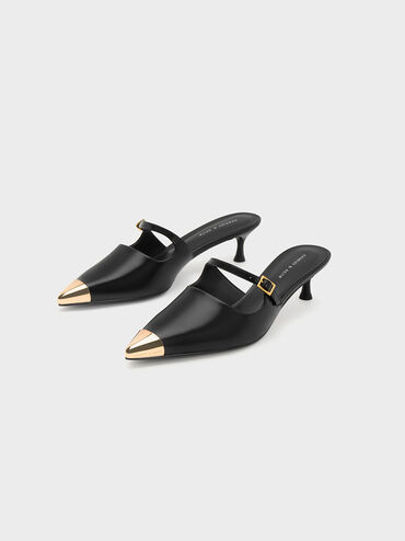 Metallic Cap Heeled Mules, สีดำ, hi-res