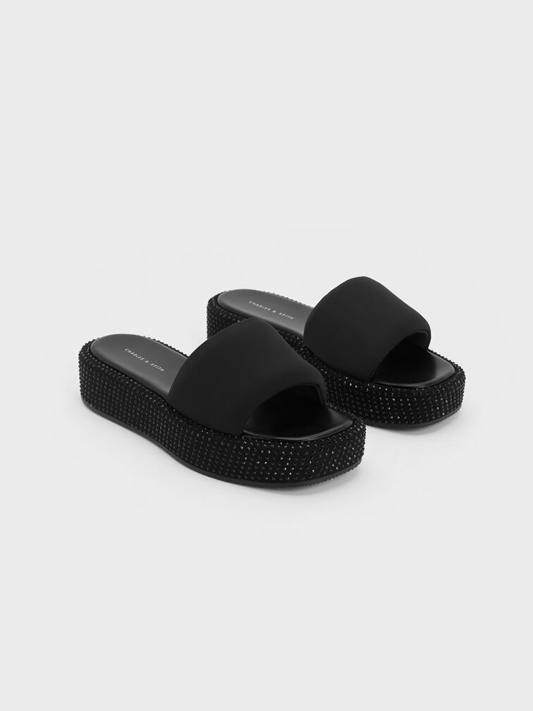 Black Crystal-Embellished Nylon Flatform Sandals - CHARLES & KEITH TH