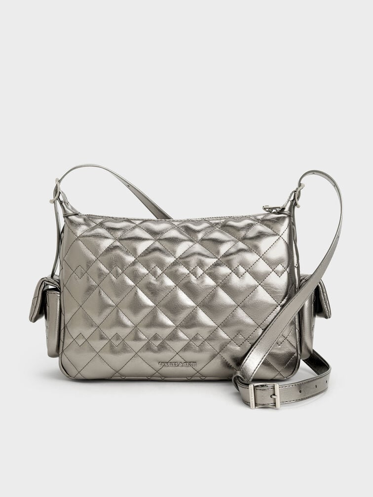 Duo Metallic Quilted Shoulder Bag, Pewter, hi-res