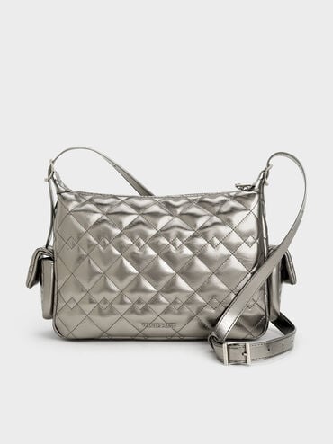 Duo Metallic Quilted Shoulder Bag, Pewter, hi-res