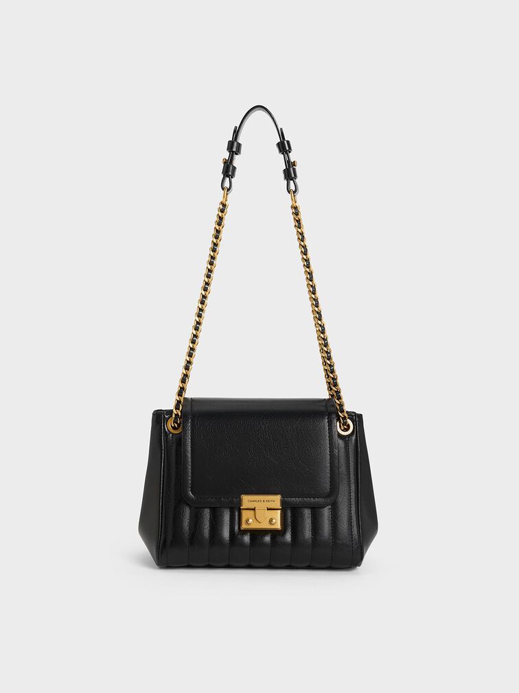 Donna Crinkle-Effect Shoulder Bag, Black, hi-res