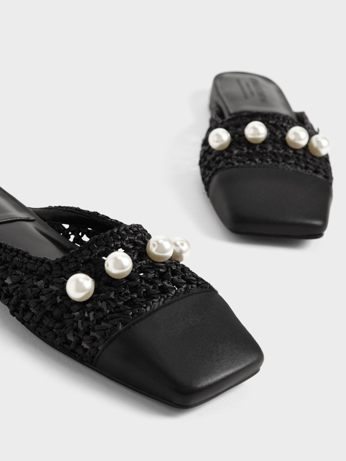 Raffia & Leather Bead-Embellished Mules, Black, hi-res