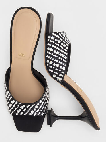 Jacqueline Recycled Polyester Crystal-Embellished Sculptural-Heel Mules, Black Textured, hi-res