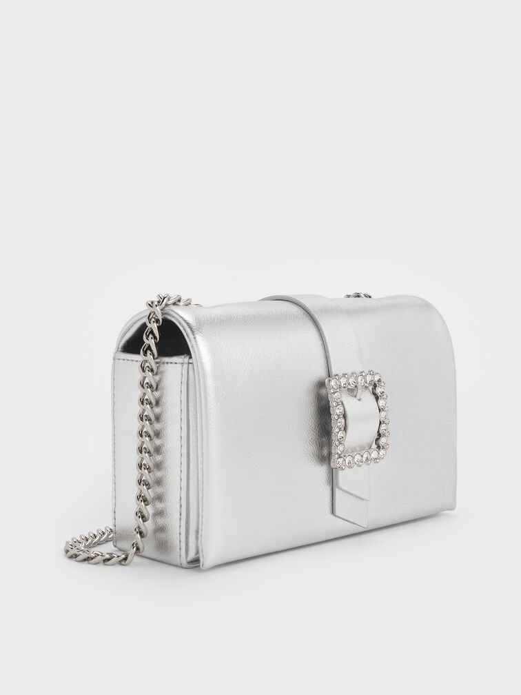 Metallic Crystal-Buckle Belted Chain-Handle Bag, Silver, hi-res