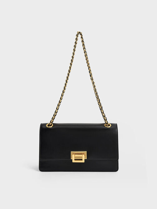 Chain Handle Shoulder Bag, Black, hi-res